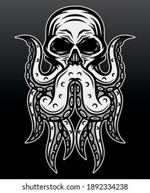 Black white human skull octopus. Premium vector