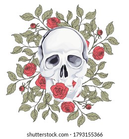 Black and white human skull with rose flowers, isolated on white background. Vector illustration. Gothic print