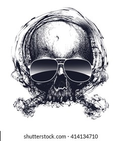Black and white human skull with sunglasses. Hand drawn vector illustration