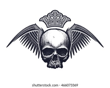 Black and white human skull with wings and crown. Hand drawn vector illustration
