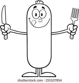 Black And White Hungry Sausage Cartoon Character With Knife And Fork. Vector Illustration Isolated On White