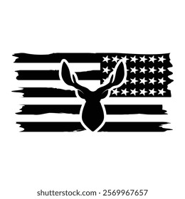 Black and White Hunting Patriotic Deer Silhouette with Antlers and American Flag