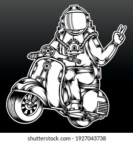 Black white hype astronaut riding scooter. Premium vector