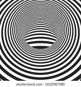 Black and white hypnotic lines. Abstract background with optical Illusion effect. Twirl striped backdrop. Vector Illustration.