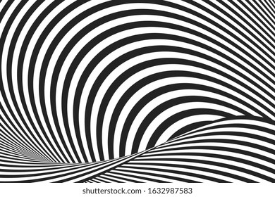 Black and white hypnotic lines. Abstract background with optical Illusion effect. Twirl striped backdrop. Vector Illustration.