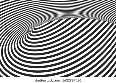 Black and white hypnotic lines. Abstract background with optical Illusion effect. Twirl striped backdrop. Vector Illustration.
