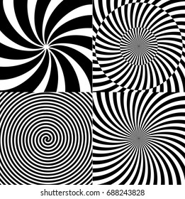 Black and White Hypnotic Psychedelic Spiral with Radial Rays, Twirl Background Collection Set Pattern. Vector Illustration EPS10