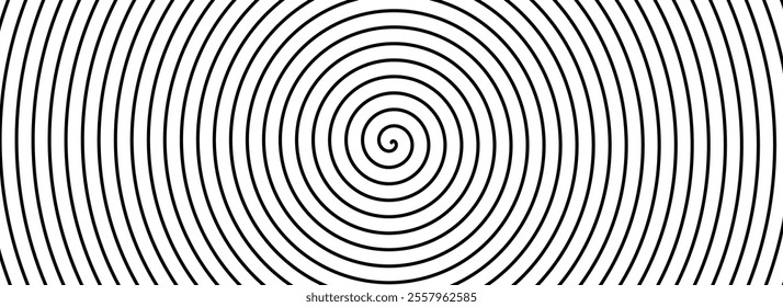 Black and white hypnotic spiral background. Radial optical illusion. Swirl tunnel wallpaper. Horizontal spinning concentric circles. Vortex or whirlpool design for poster, banner, flyer. Vector art 