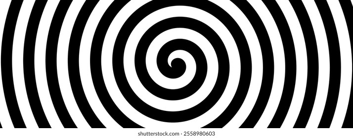 Black and white hypnotic spiral background. Radial optical illusion art. Swirl tunnel wallpaper. Spinning concentric circles. Vortex or whirlpool design for poster, banner, flyer, booklet. Vector