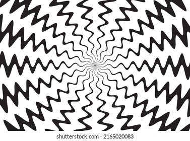 Fondo de rayos de espiral hipnótica en blanco y negro. Diseño retro de explosión de sol psicodélico.