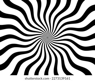 Black and white hypnotic spiral wave rays background. Psychedelic sunburst retro design.	
