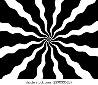 Black and white hypnotic spiral wave rays background. Psychedelic sunburst retro design.