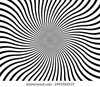 Black and white hypnotic spiral wave rays background. Psychedelic sunburst retro design.