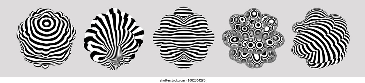 Black and white hypnotic striped shapes.  Pattern with optical illusion. 3D vector illustration for advertising, marketing and presentation