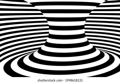 Black and white hypnotic wormhole tunnel optical Illusion background.