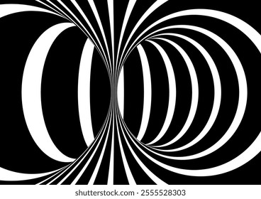 Black and white hypnotic wormhole tunnel optical Illusion background.