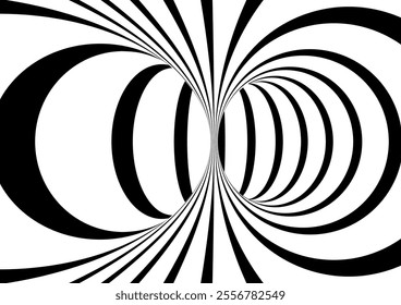 Black and white hypnotic wormhole tunnel optical Illusion background.