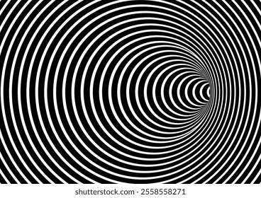 Black and white hypnotic wormhole tunnel optical Illusion background.