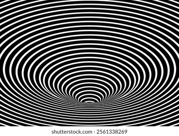 Black and white hypnotic wormhole tunnel optical Illusion background.