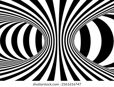 Black and white hypnotic wormhole tunnel optical Illusion background.