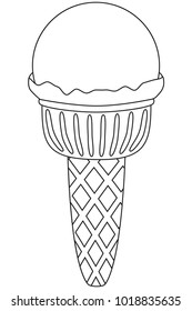 Black and white ice cream ball cone line art icon. Coloring book page for adults and kids. Summer fast food vector illustration for gift card, flyer, certificate or banner, icon, logo, patch, sticker