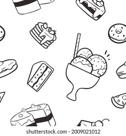 Black and white ice cream and cake vector seamless pattern