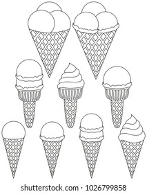 Black and white Ice cream cone icon set 9 elements. Coloring book page for adults and kids. Summer fast food vector illustration for gift card, flyer, certificate or banner, icon, logo, patch, sticker