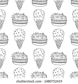 Black and white ice cream in a cone and macaroon cakes with sprinkles on a white background .Seamless pattern coloring book for kids and adults. Suitable for packaging, fabrics, wallpapers 