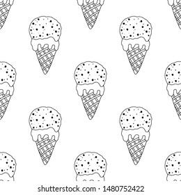 Black and white ice cream in a cone with sprinkles on a white background. Seamless pattern coloring book for kids and adults. Suitable for packaging, fabrics, wallpapers and simple colorings