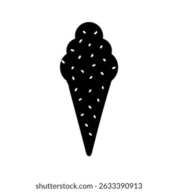 Ícone de cone de sorvete preto e branco com polvilhos para design de sobremesa e alimentos