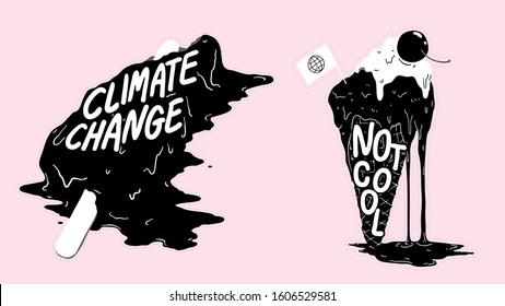 Black and white ice cream melting with warning massage about climate change, concept illustration / symbol design flat hand drawn style