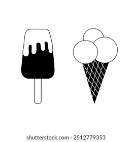 Picolé de sorvete preto e branco em uma vara e colheres de sorvete em um cone de waffle - ilustração vetorial