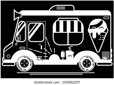 Black and white Ice cream truck.White 
silhouette with transparent parts. Looks good on dark background