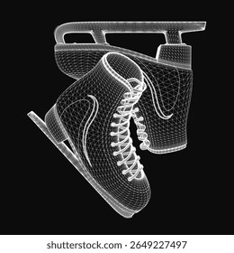 Black and white ice skates sketched in detail on a stark black background. The laces are neatly tied, and the blades gleam sharply. The high contrast highlights the elegant design of the skates.