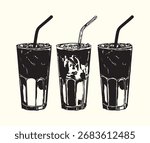 Black and white iced coffee drinks illustration set in vintage sketch style. Features iced latte and Americano glasses with straws, perfect for cafe menus, beverage graphics, and retro-inspired design