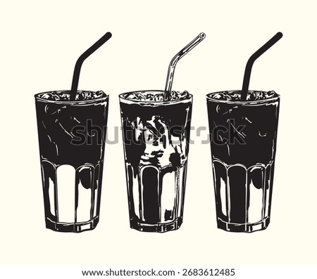 Black and white iced coffee drinks illustration set in vintage sketch style. Features iced latte and Americano glasses with straws, perfect for cafe menus, beverage graphics, and retro-inspired design