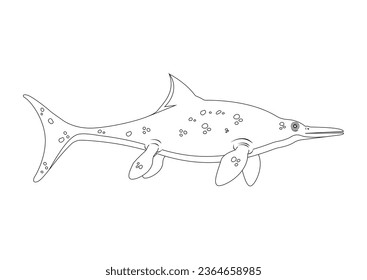 Black and White Ichthyosaurus Dinosaur Cartoon Character Vector. Coloring Page of a Ichthyosaurus Dinosaur