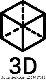 Black and white icon of a 3D cube with dashed lines representing internal edges, creating a three-dimensional effect. Below the cube, the text "3D" is written.