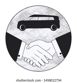 Black and white icon with abstract background - Car and male handshake - isolated - vector. Affiliate agreement. Legal services. Accident. Buying and selling cars.