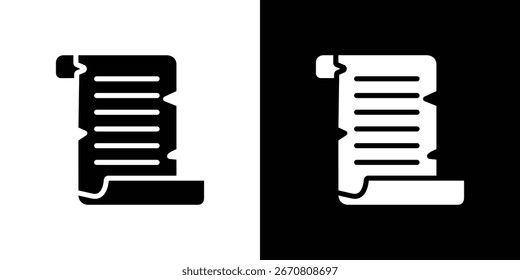 Icono blanco y negro de un antiguo pergamino con bordes rasgados, aislado en fondos blancos y negros.