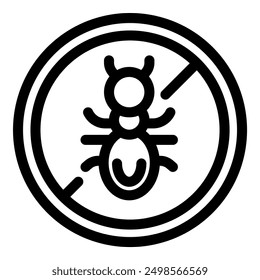 Black and white icon of an ant with a line through it, indicating a pest free zone