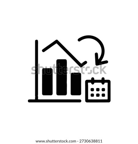 Black and white icon of a bar chart with arrow pointing down to calendar business concept