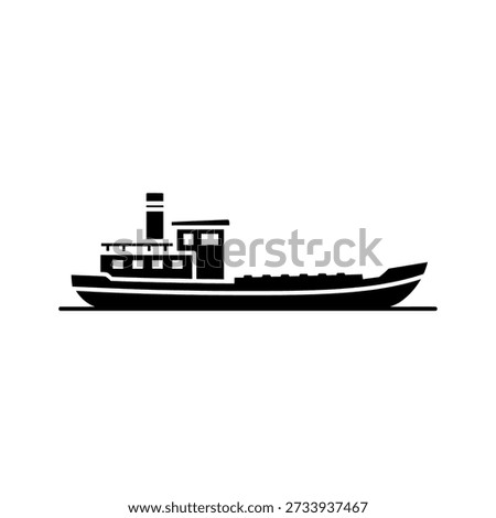 A black and white icon of a barge boat, representing water transport and cargo shipping.