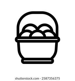 Black and White Icon of Basket With Eggs in Simple Line Style