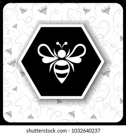 black and white icon with a bee on a background of a honeycomb