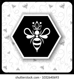 Black And White Icon With A Bee Queen On A Background Of A Honeycomb