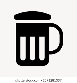 Black and white icon of a beer mug with a handle and frothy top. Simple beer mug design. Beer mug silhouette. Minimalist beer mug graphic. User interface icon vector.