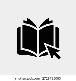 black and white icon of book with computer mouse pointer