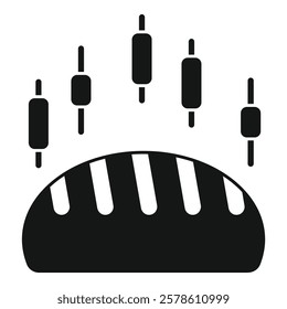 Black and white icon of bread with stock market candlesticks, representing investment opportunities in the food sector