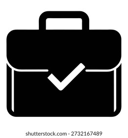Un ícono en blanco y negro de un maletín con una marca de verificación, que representa el negocio, el éxito, las tareas completadas y el Acuerdo.